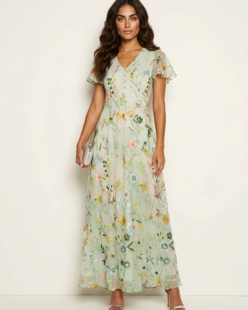 Isolde Robe Maxi Femme – Robe Fleurie en Mousseline Col V Coupe Fluide Élégante