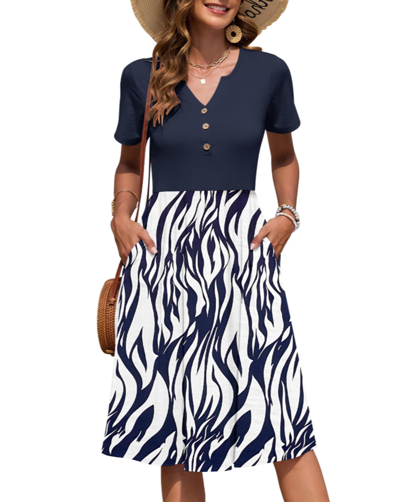 Maëvora Robe Femme Mi-Longue – Robe à Col V avec Taille Empire et Poches