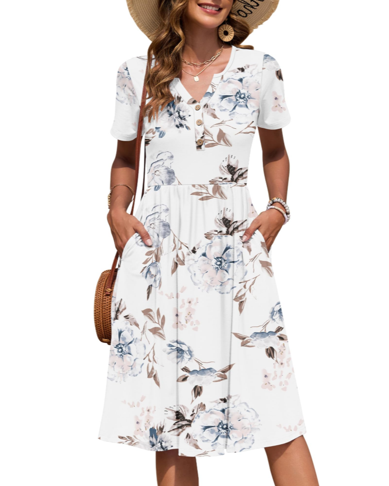 Maëvora Robe Femme Mi-Longue – Robe à Col V avec Taille Empire et Poches