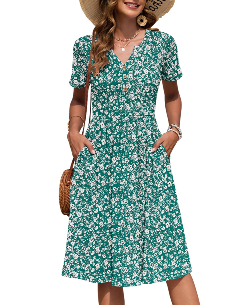 Maëvora Robe Femme Mi-Longue – Robe à Col V avec Taille Empire et Poches