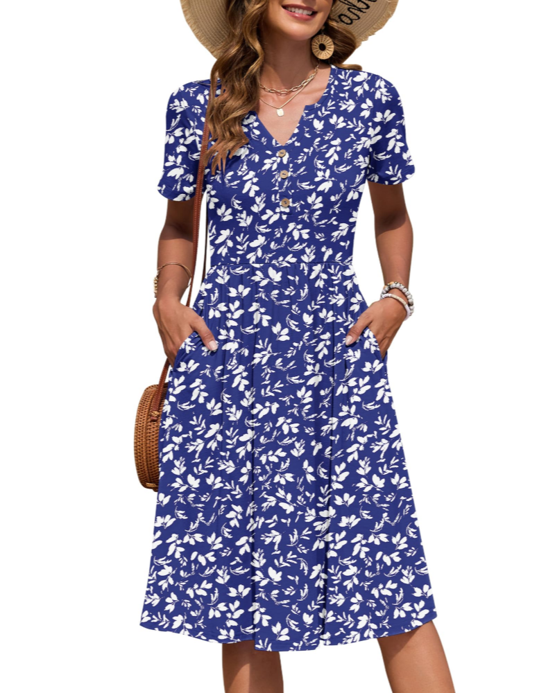 Maëvora Robe Femme Mi-Longue – Robe à Col V avec Taille Empire et Poches