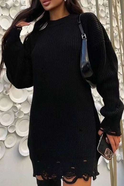 Distressed Longline Crew Neck Sweater