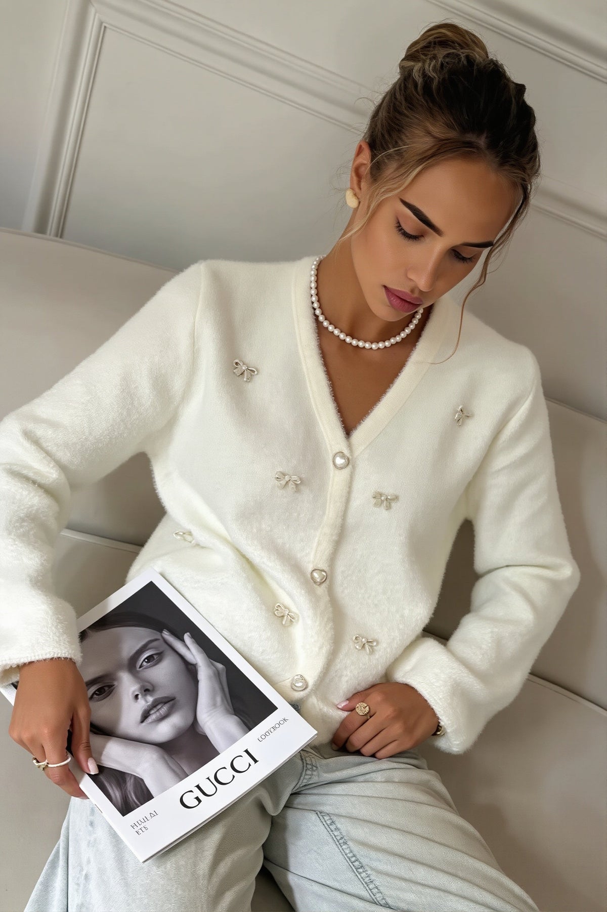 Fuzzy Bow Embellished V Neck Cardigan