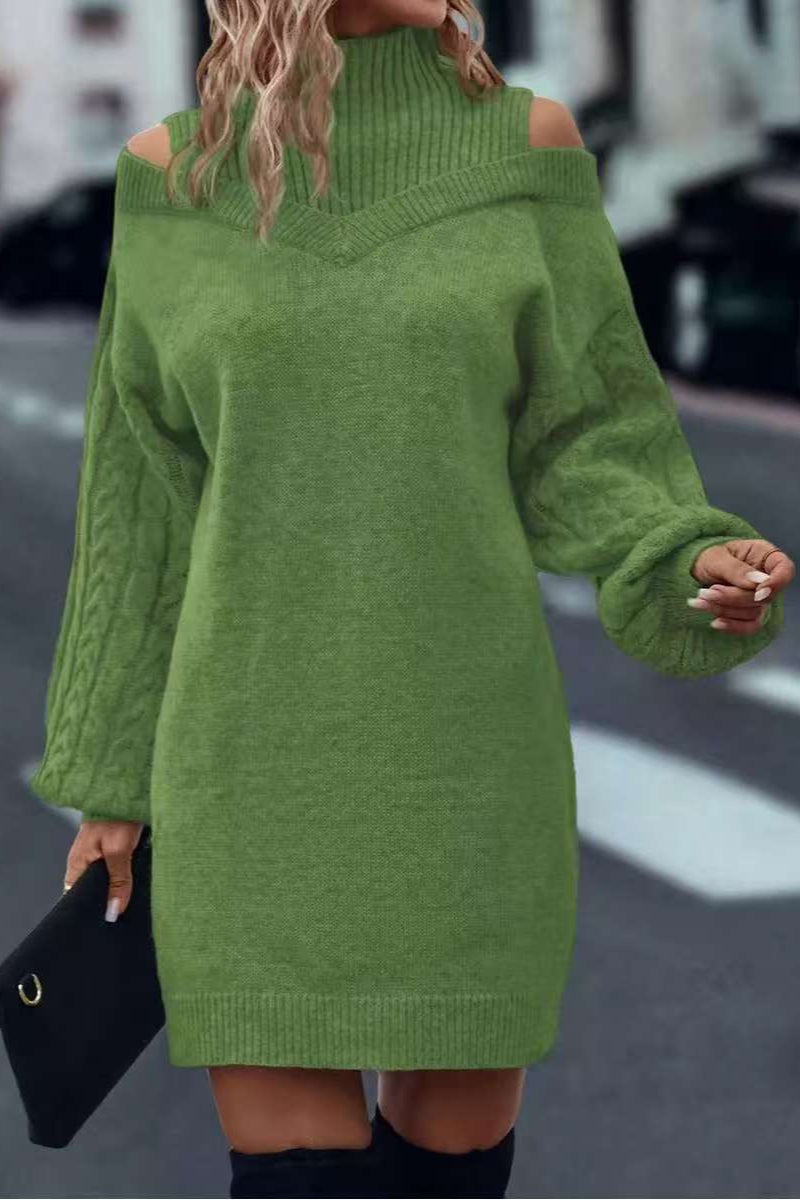 Cold Shoulder Turtleneck Balloon Sleeve Knit Sweater