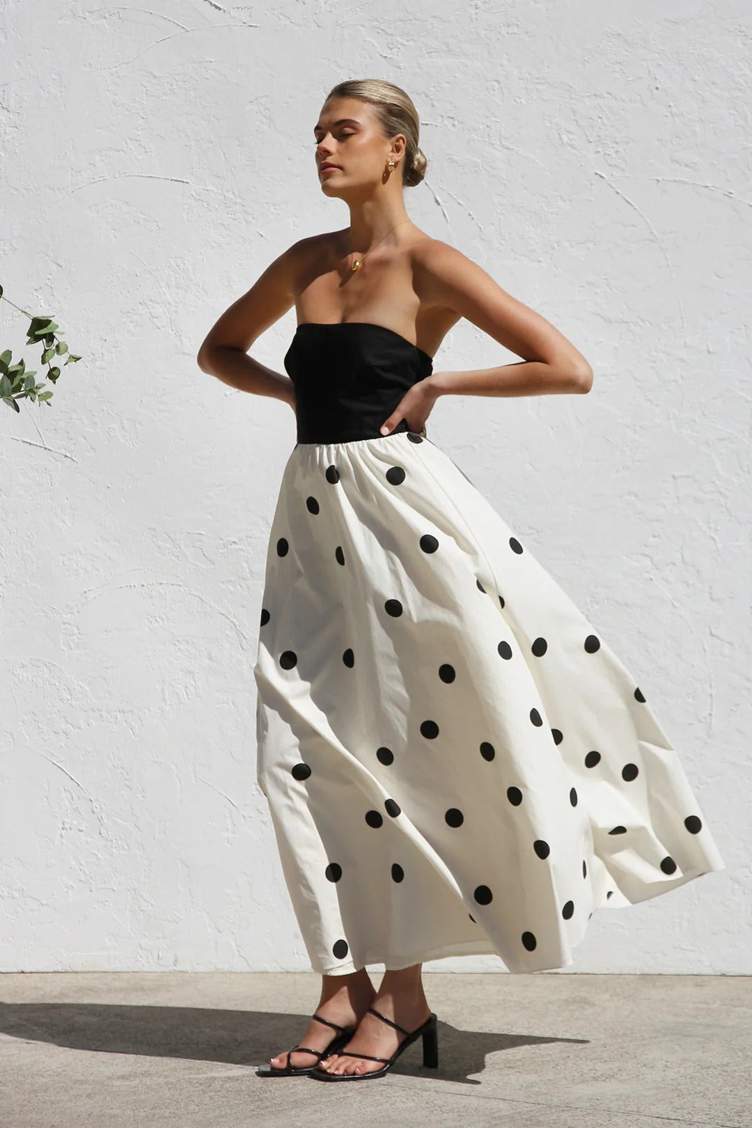 Polka Dot Print Strapless A-Line Maxi Dress
