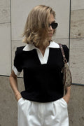 Contrast Collar Short Sleeve Polo Knit Sweater