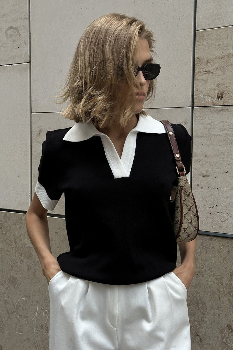 Contrast Collar Short Sleeve Polo Knit Sweater