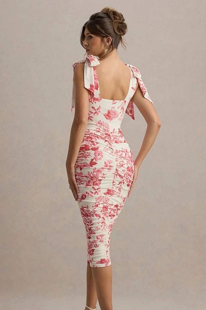 Vintage Floral Print Ruched Maxi Dress