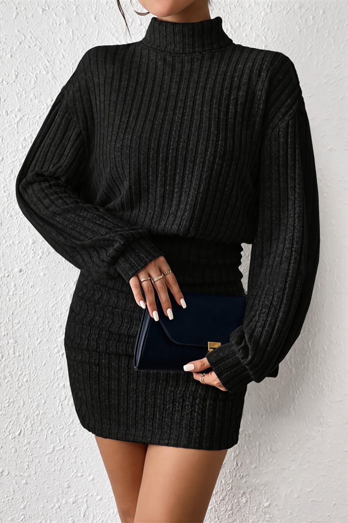 Ribbed Turtleneck Long Sleeve Mini Dress