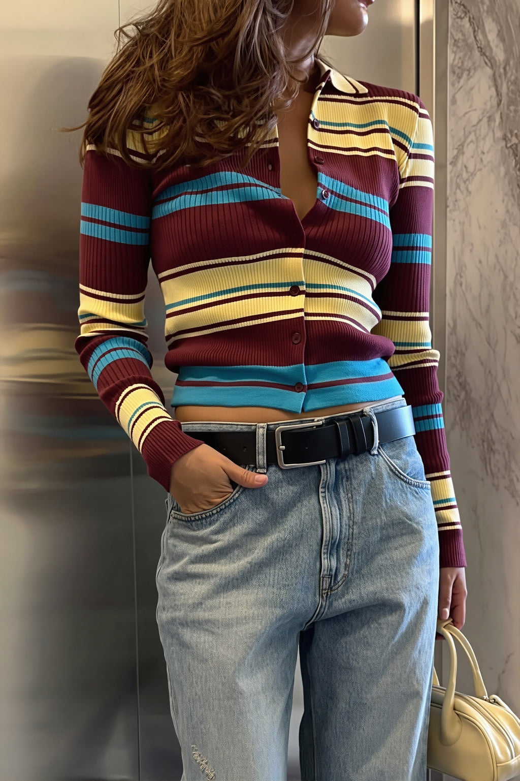 Multicolor Stripe Polo Collar Cardigan