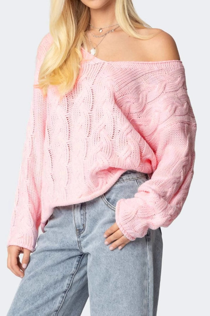 Solid Color V-Neck Cable-Knit Loose Sweater