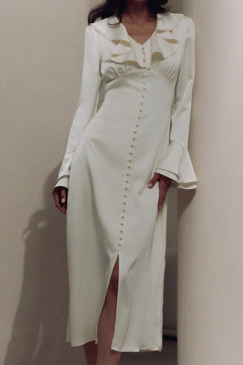 Vintage Ruffled V-Neck Flared Sleeve Maxi Dress