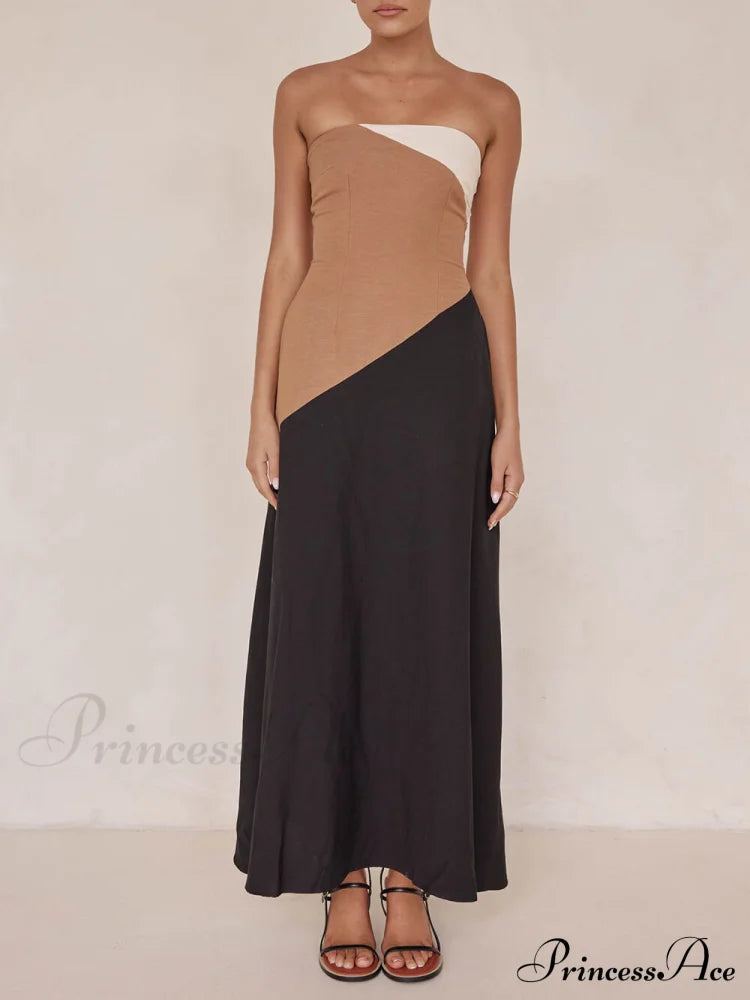 Asymmetrical Color-Blocked Stylish Maxi Dress