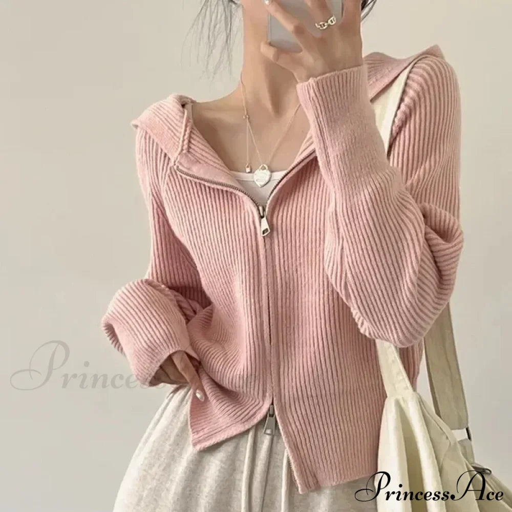 Autumn Winter Long Sleeve Short Loose Solid Knitted Zipper Cardigan