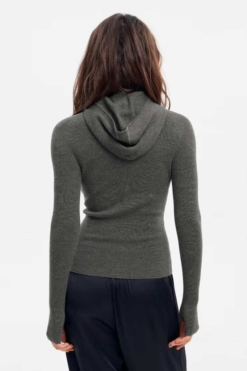 Hooded Quarter Zip Ribbed Knit Sweater