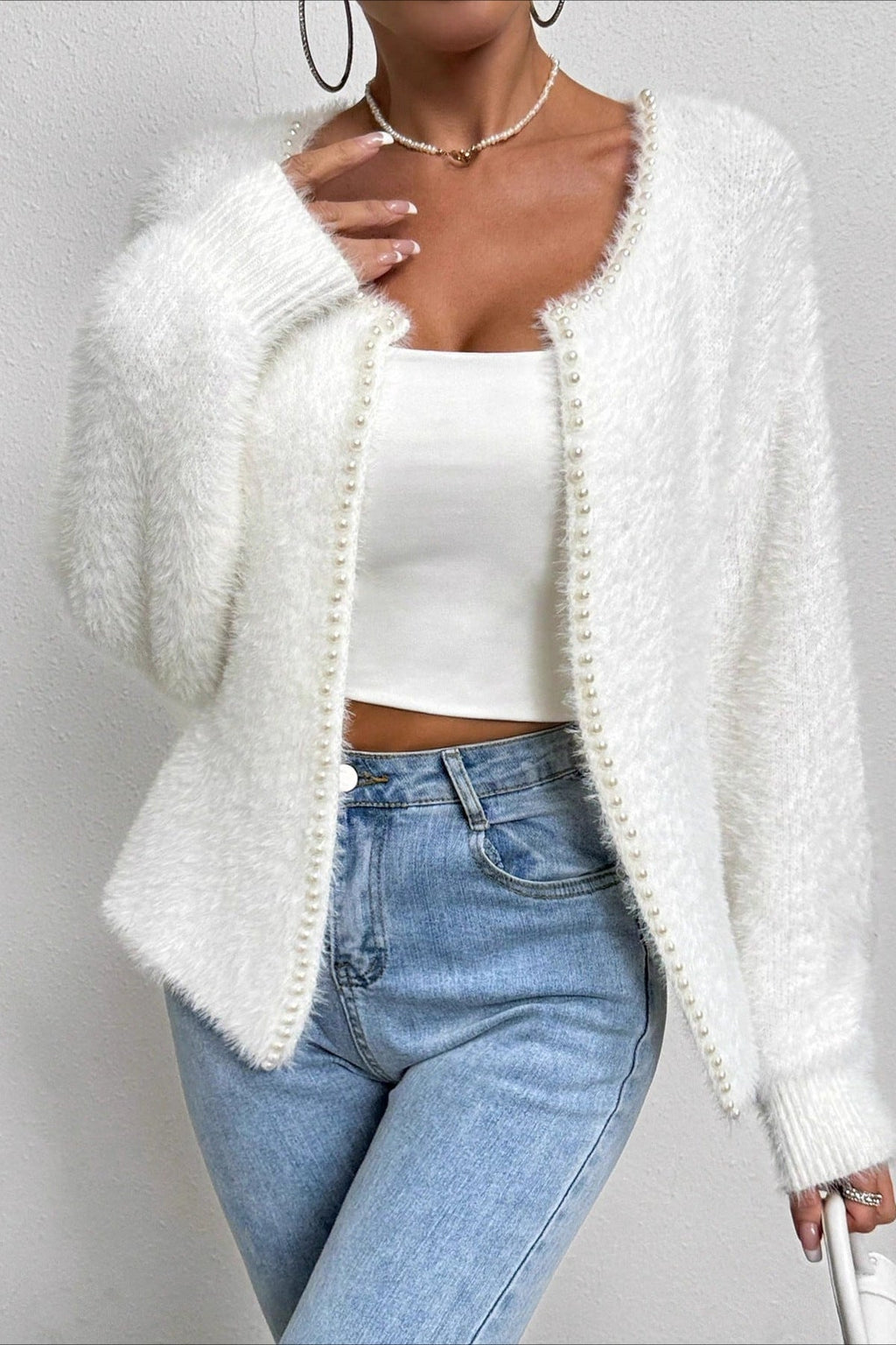 Elegant Pearl V-Neck Knit Sweate
