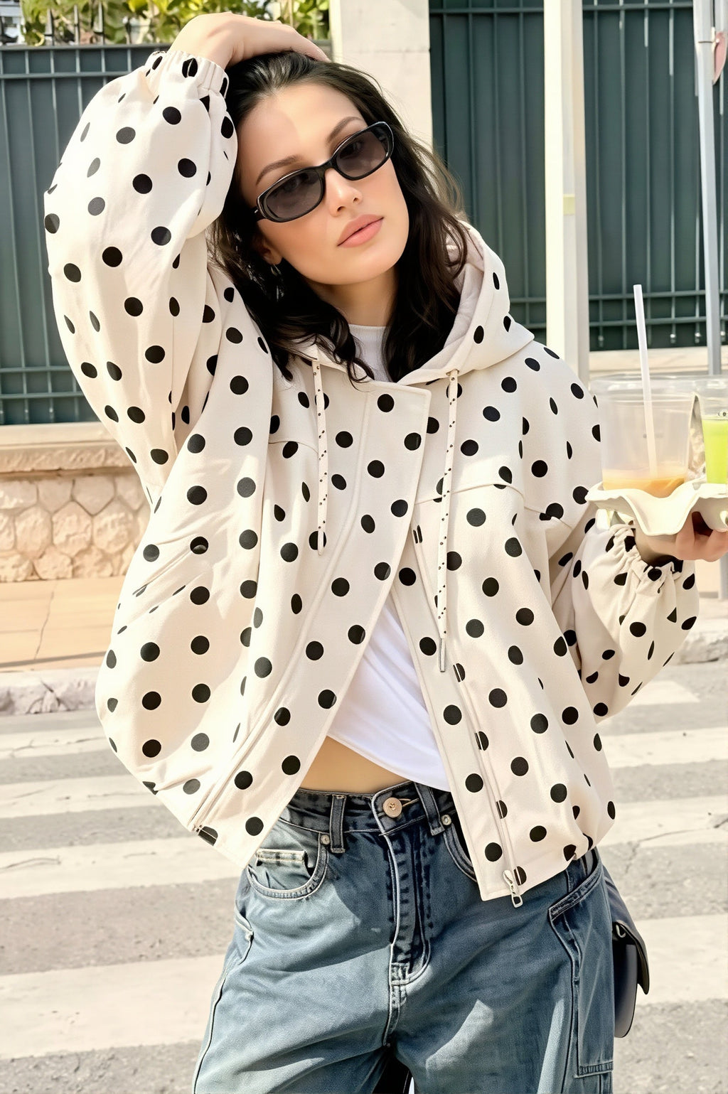 Polka Dot Hooded Cropped Coat