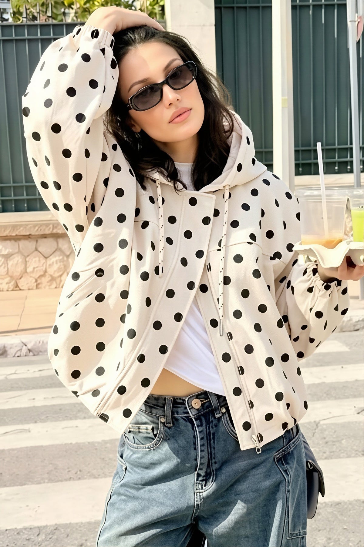 Polka Dot Hooded Cropped Coat