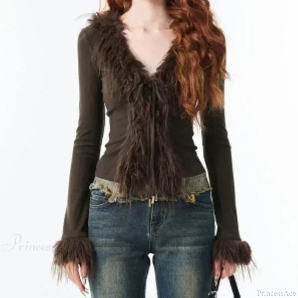 Bandage Fur Patchwork V-Neck Cardigan