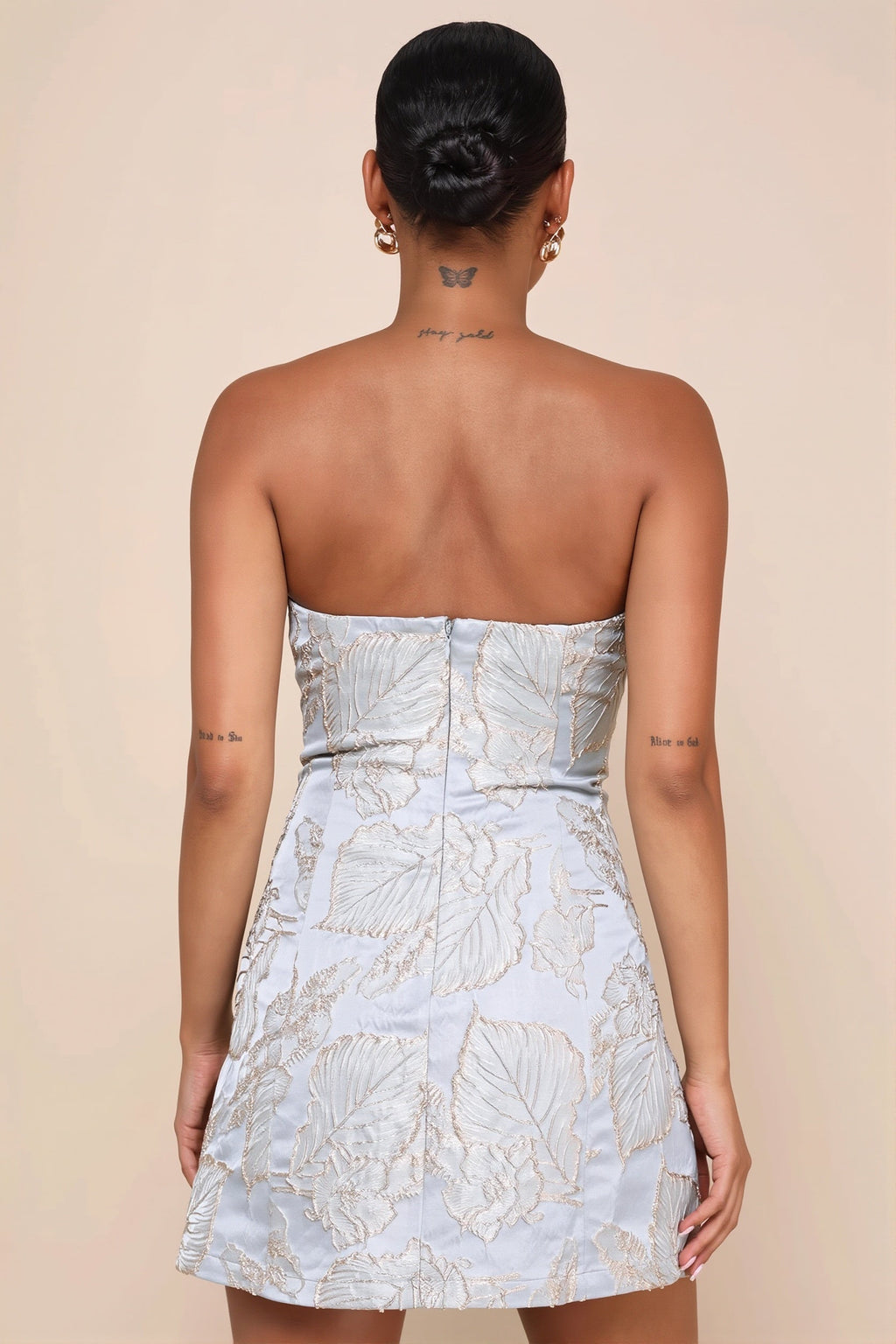 Floral Jacquard Strapless A Line Mini Dress