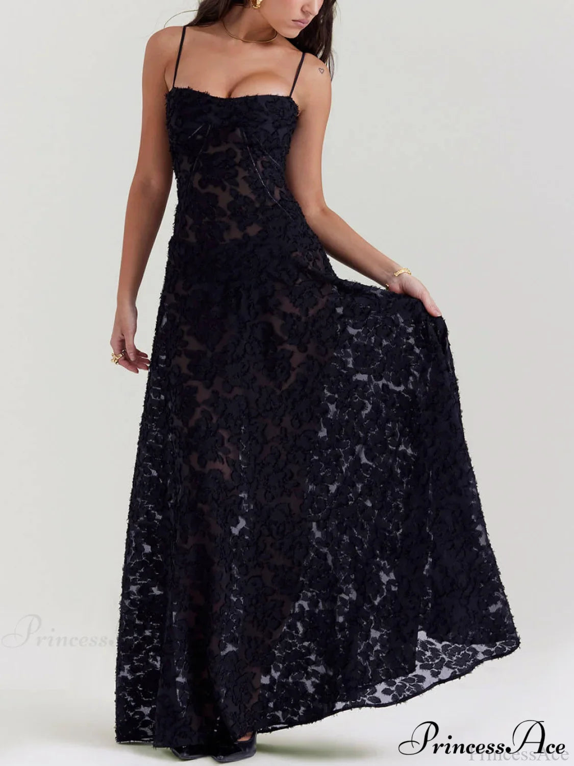 Black Floral Lace Charming Back Maxi Dress