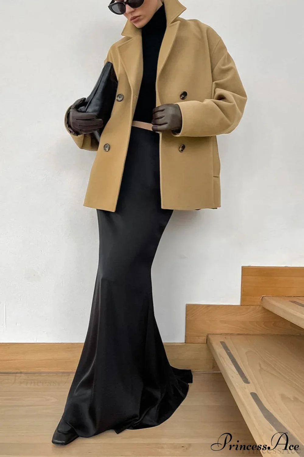 Brown Double-Breasted Thick Midi Wool Coat