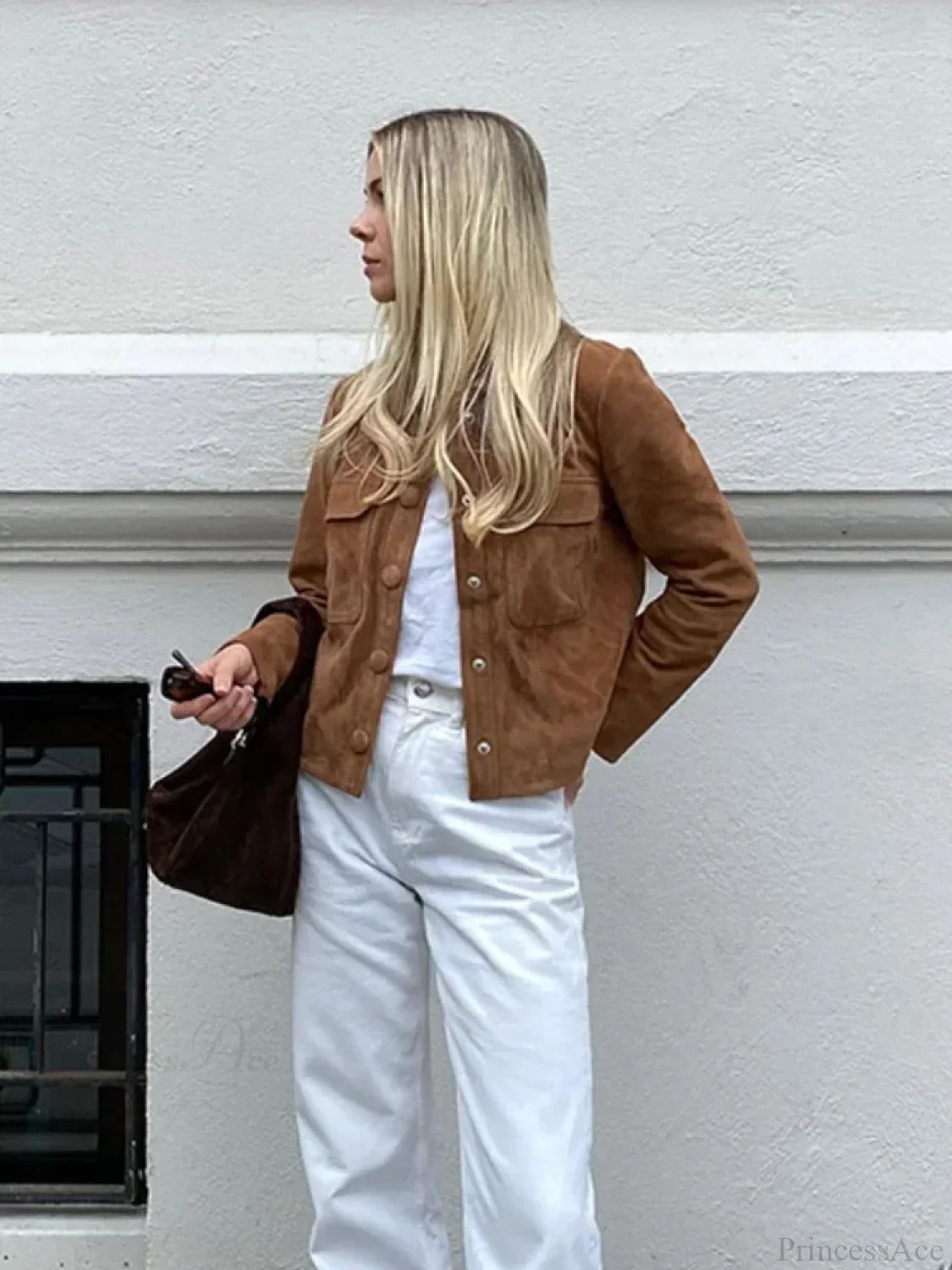 Brown Woolen Long Sleeve Short Coat