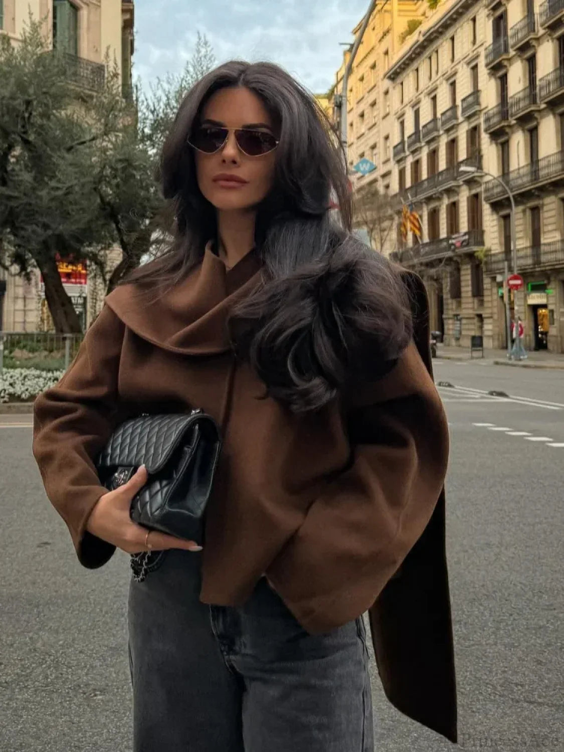 Brown Woolen Round Neck Scarf Coat