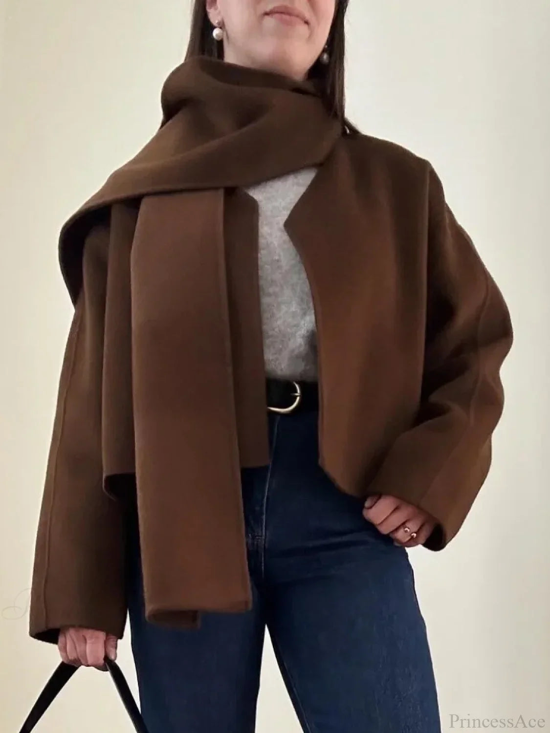 Brown Woolen Round Neck Scarf Coat