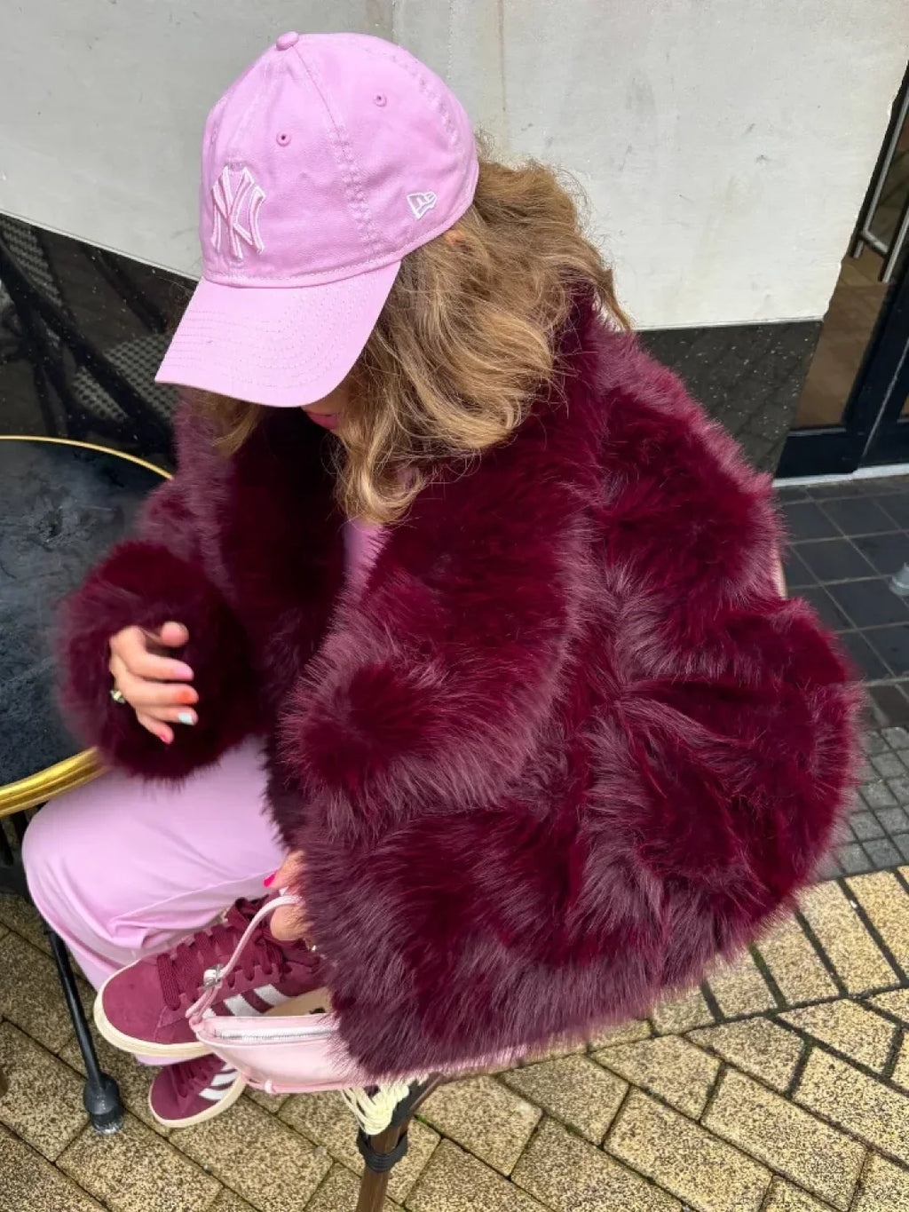 Burgundy Fluffy Lapel Short Coat