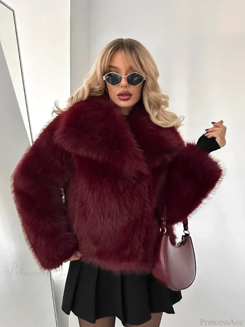 Burgundy Fluffy Lapel Short Coat