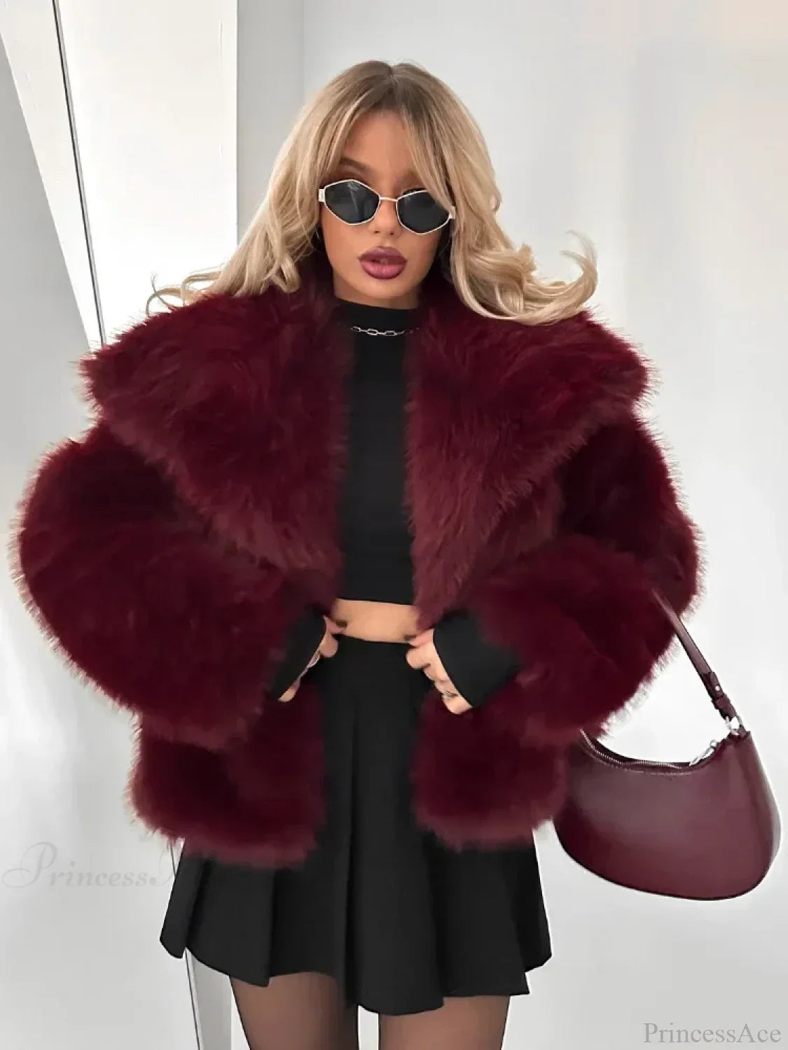 Burgundy Fluffy Lapel Short Coat