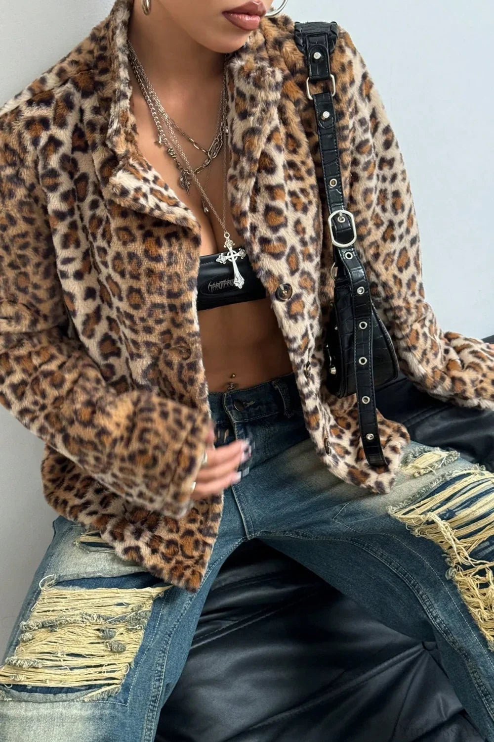 Buttoned Turn-Down Collar Thickened Leopard Coat
