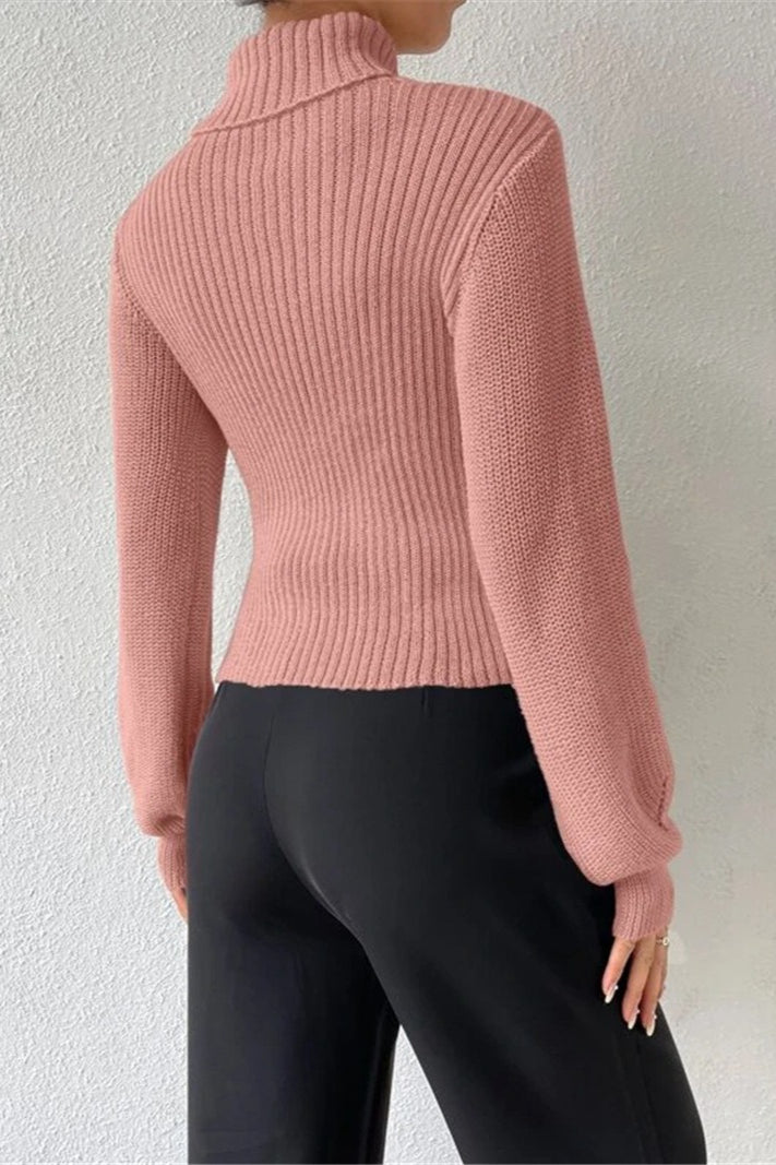 Cutout Turtleneck Balloon Sleeve Knit Sweater