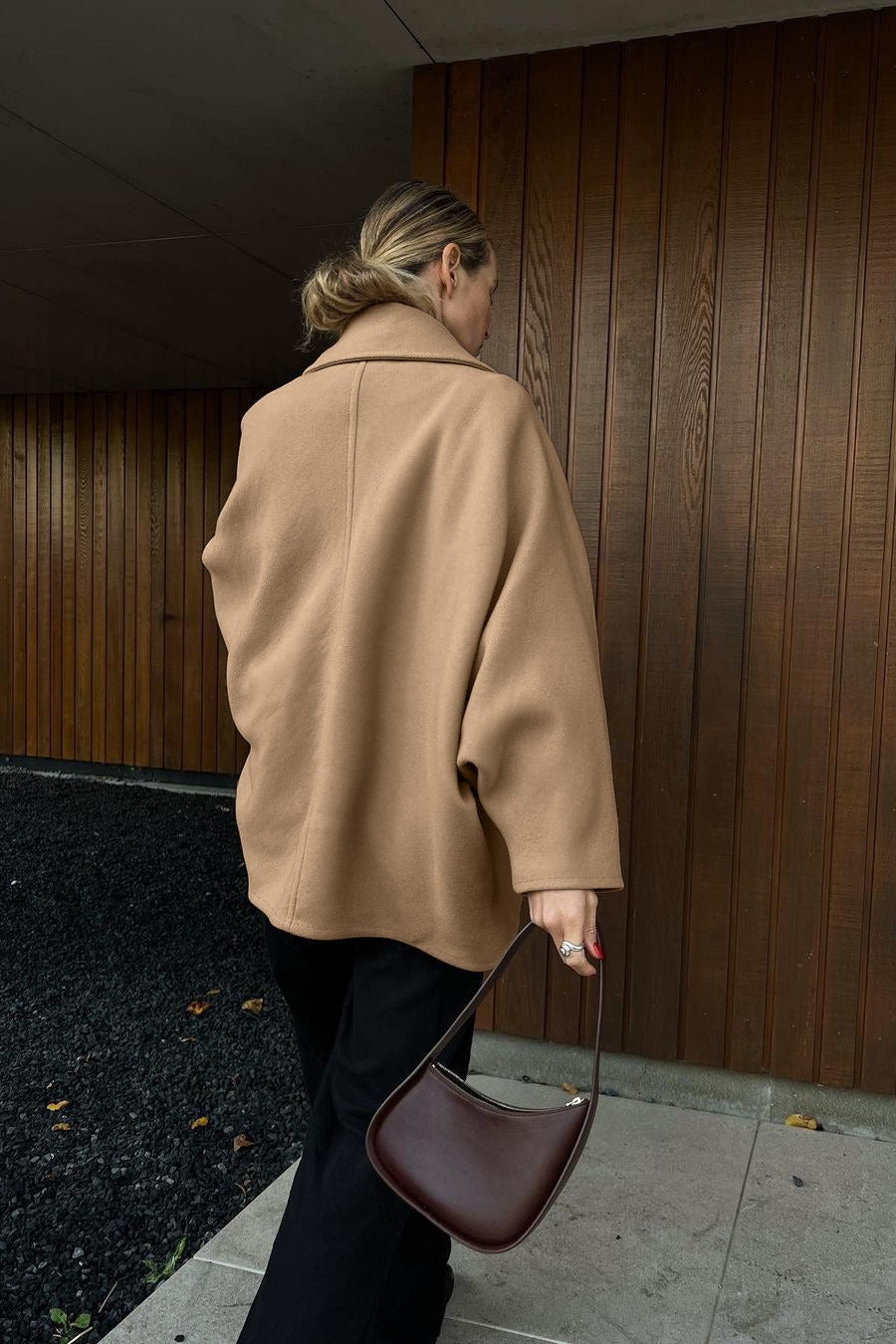 Solid Wool Notch Collar Bell Sleeve Coat