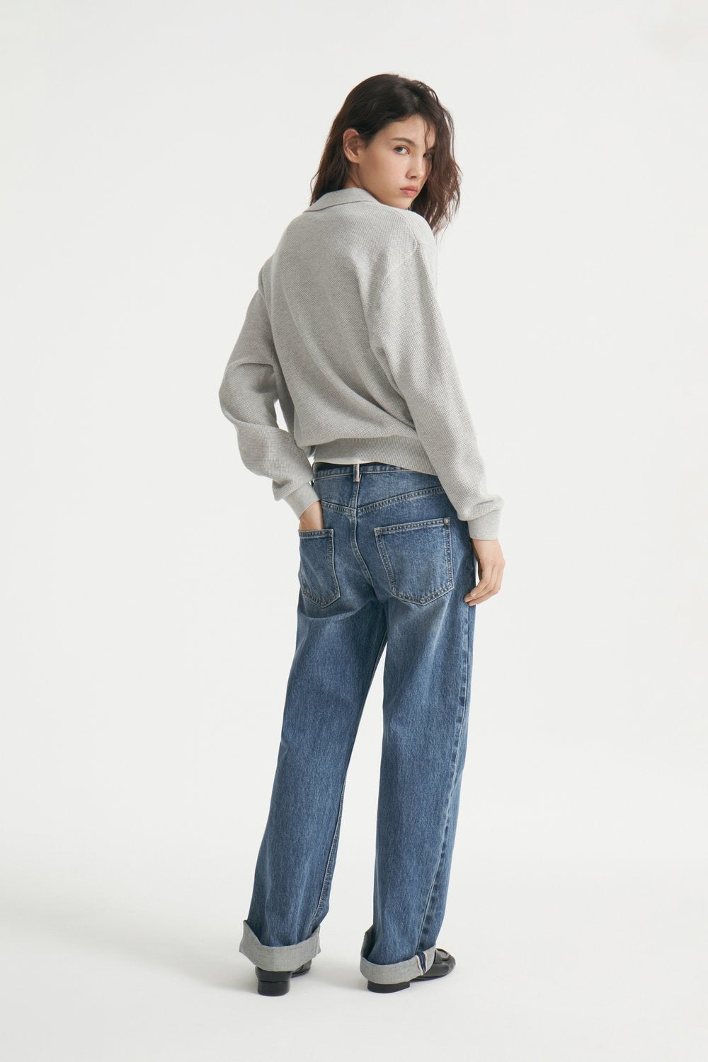 Polo Collar Button Placket Knit Sweater
