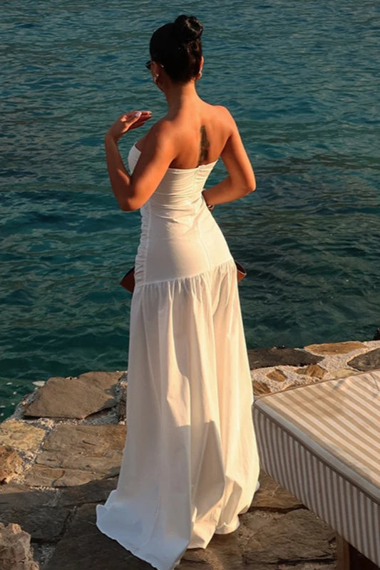 Mesh Strapless Hollow Colorblock Maxi Dress