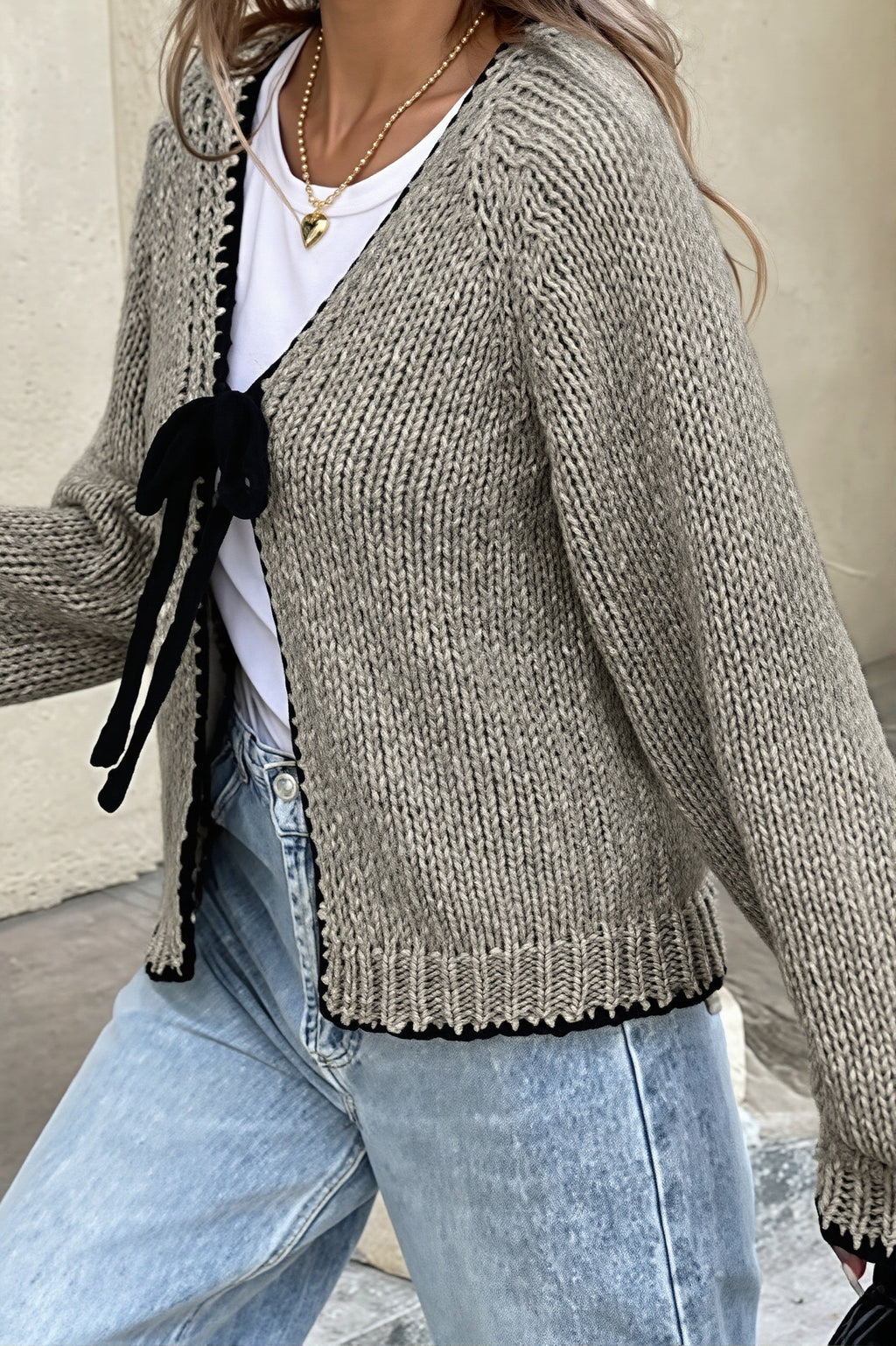 Contrast Edge V Neck Tie Front Cardigan