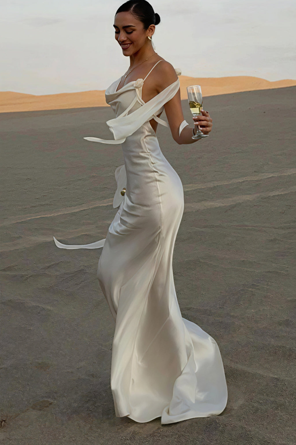 Solid Satin Floral Backless Elegant Maxi Dress