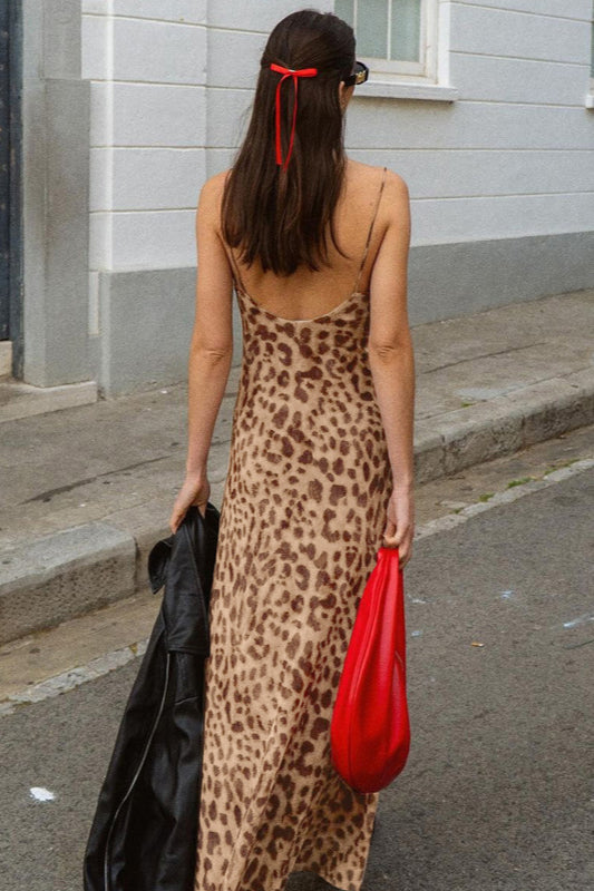 Street Style Leopard V Neck Backless Cami Maxi Dress