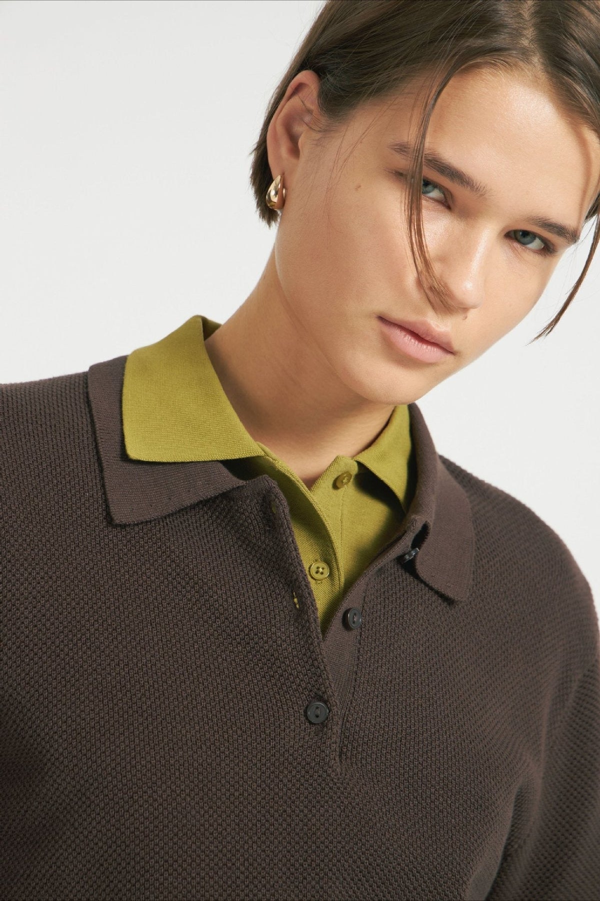 Polo Collar Button Placket Knit Sweater