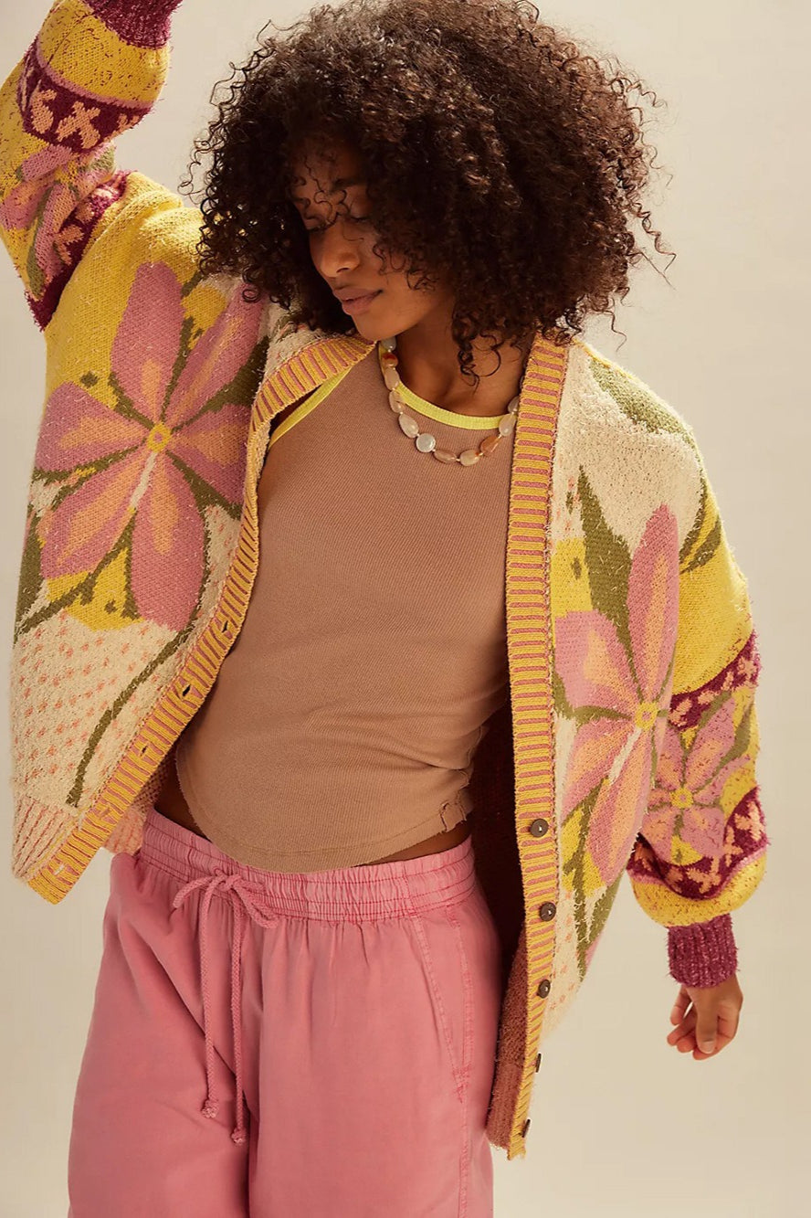 Abstract Print Lapel Long Sleeve Knit Sweater
