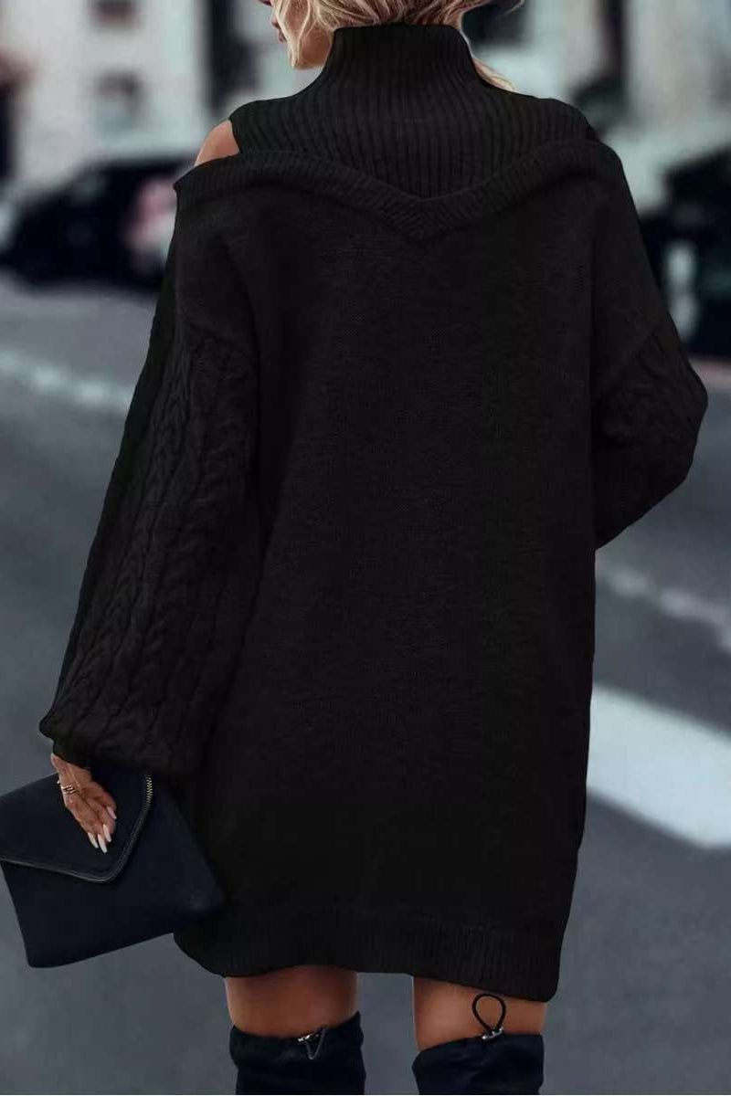 Cold Shoulder Turtleneck Balloon Sleeve Knit Sweater