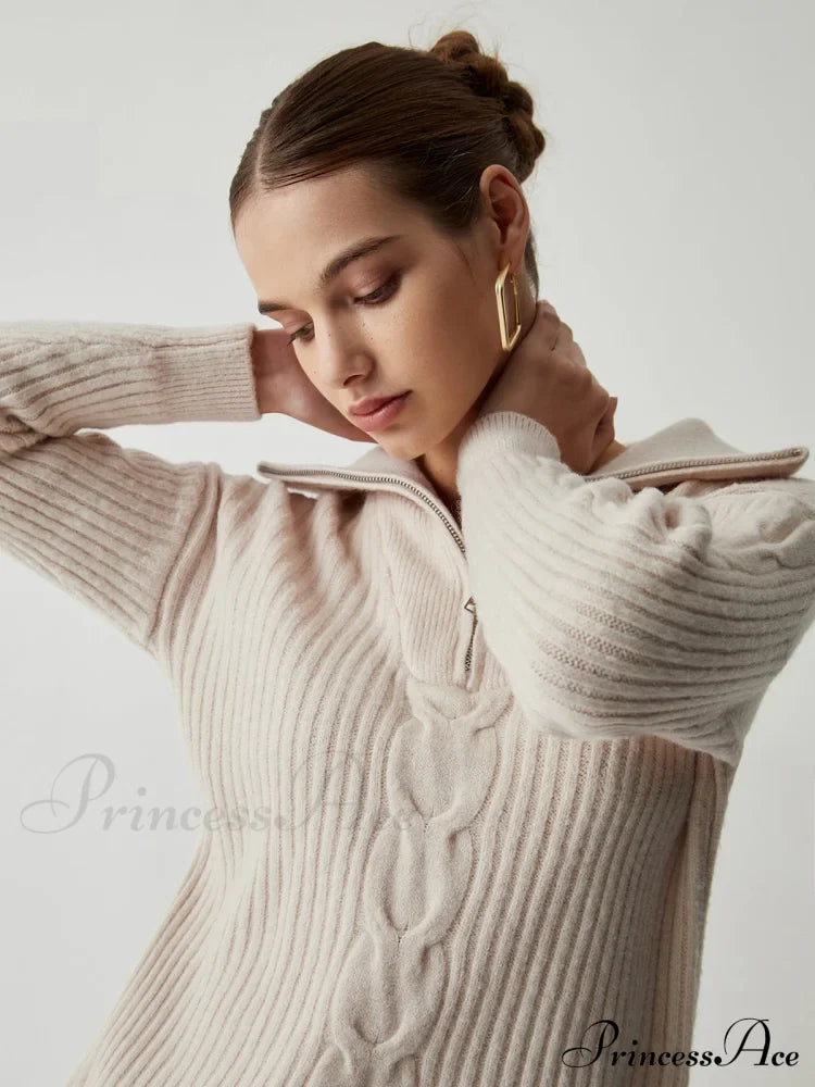Cable Knit Open Trendy Collar Half Zip Sweater