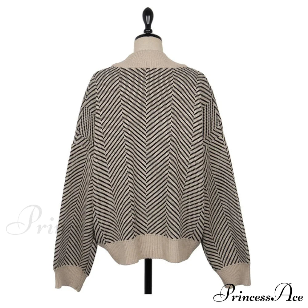 Casual Knitted Cardigan Oversize Button Front Contrast Stripe Cardigan