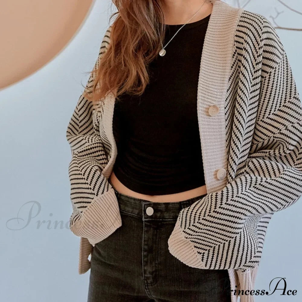 Casual Knitted Cardigan Oversize Button Front Contrast Stripe Cardigan