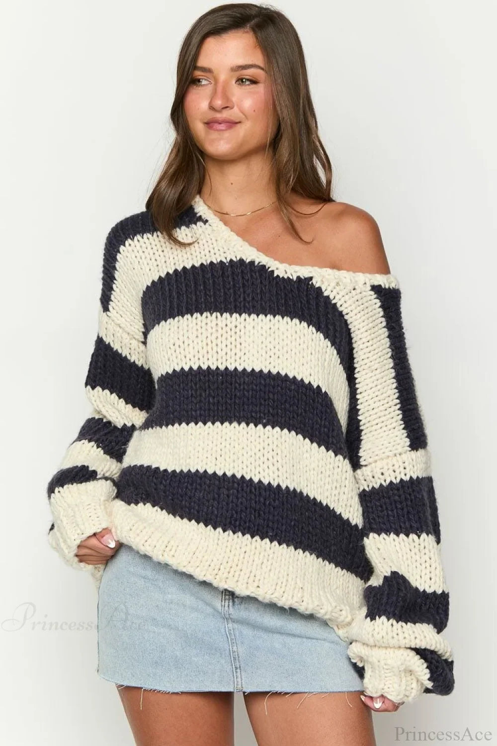 Casual Loose Off-Shoulder Striped Sweet Sweater