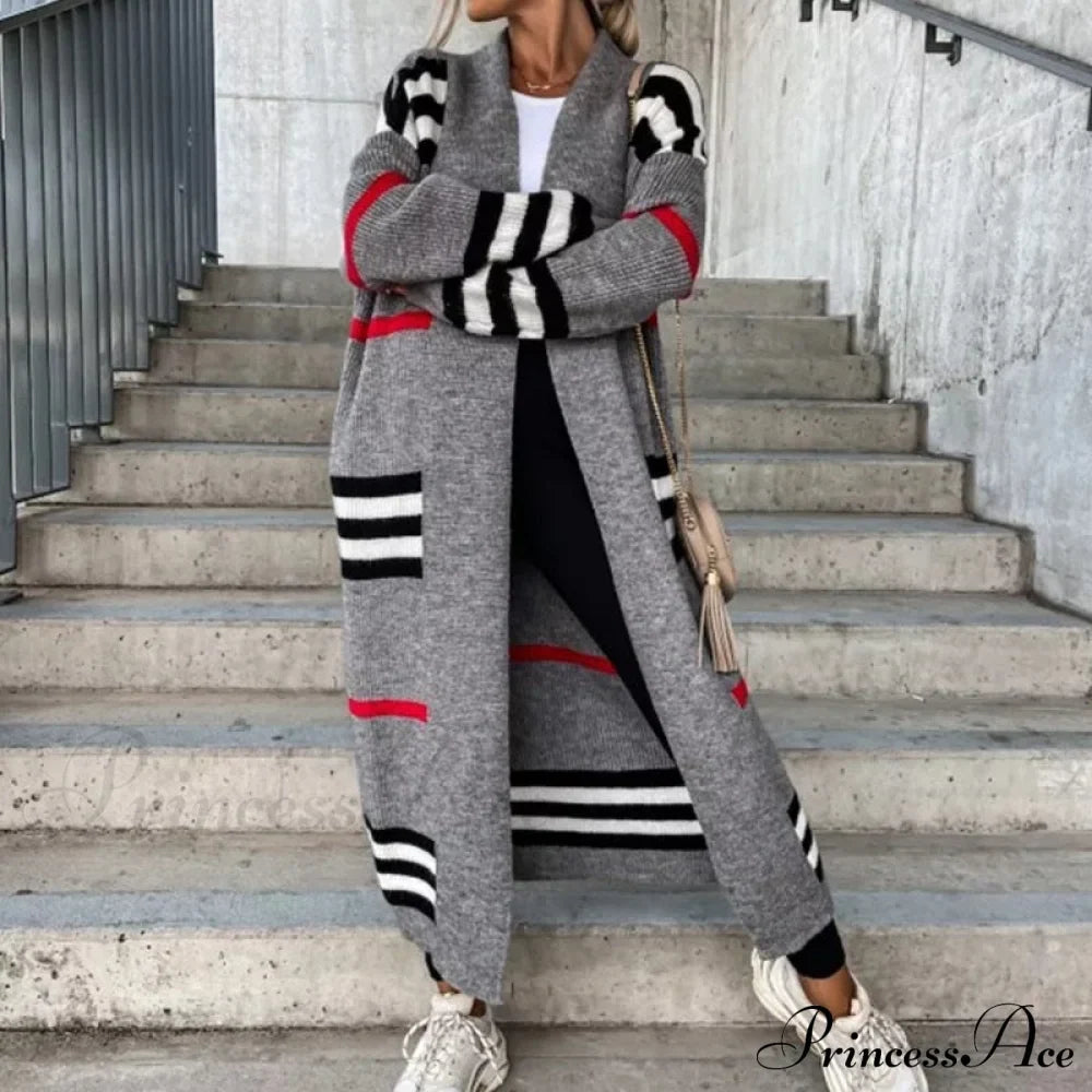 Casual Striped Color Matching Knitted Long Sweaters Cardigan