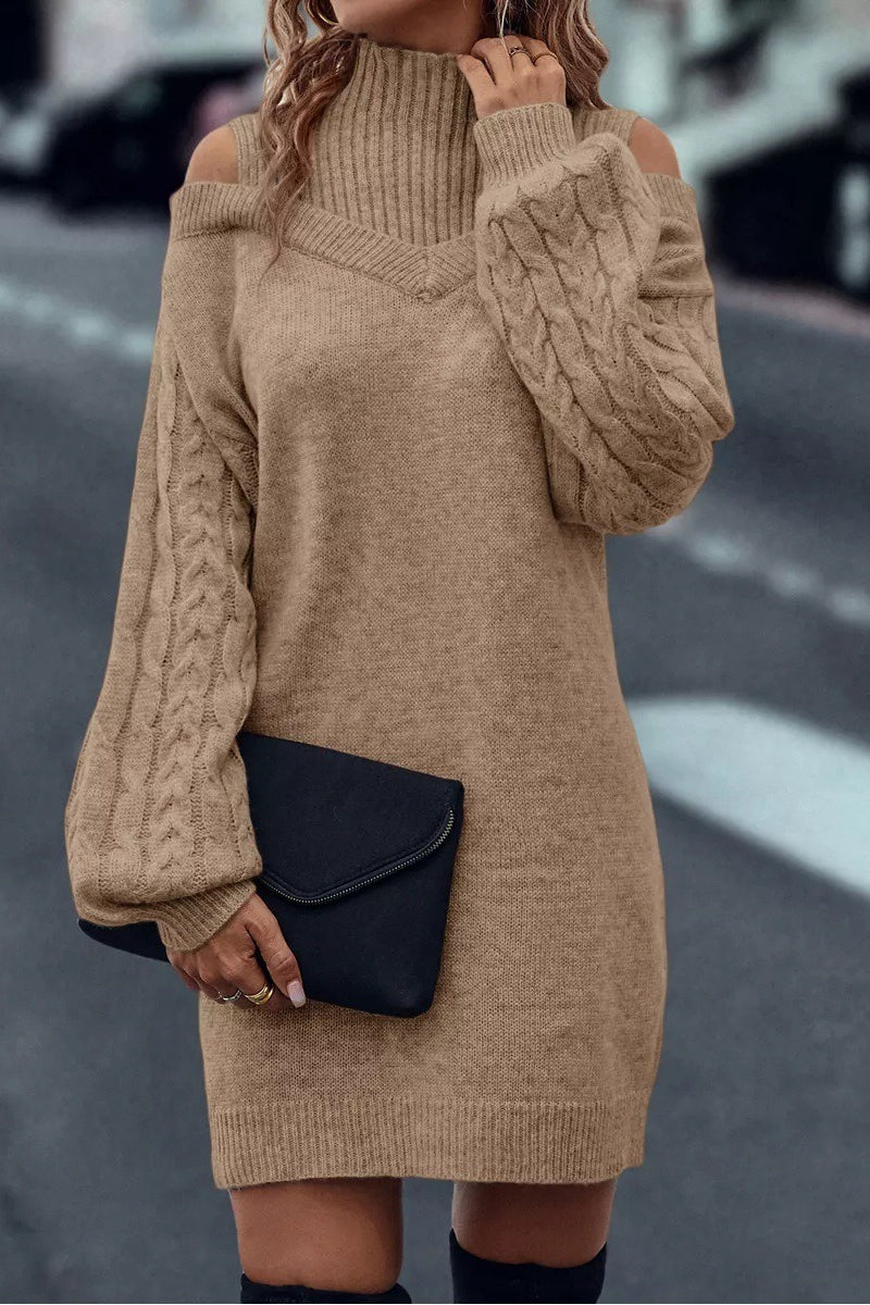 Cold Shoulder Turtleneck Balloon Sleeve Knit Sweater