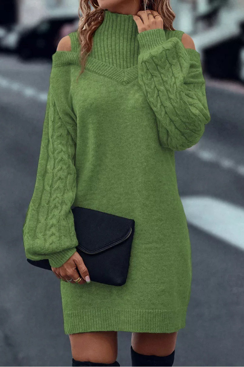 Cold Shoulder Turtleneck Balloon Sleeve Knit Sweater